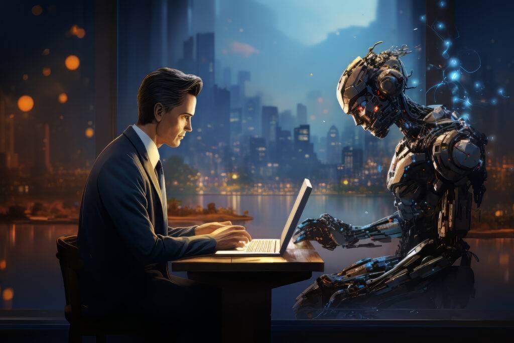 Businessman and humanoid robot collaborating on laptops in a futuristic office at night