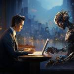 Businessman and humanoid robot collaborating on laptops in a futuristic office at night